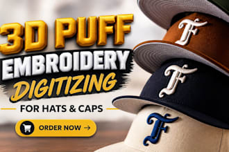 convert logo, image to 3d puff embroidery digitizing for hats and caps