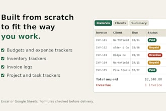 build a custom excel or google sheets tracker, budget, or invoice log