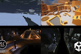 design custom fps map, game levels, lighting for shooting game in unity, ue5