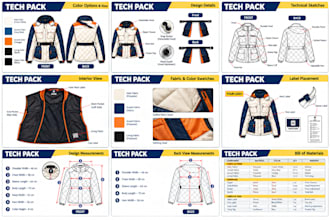 create fashion tech pack clothing technical flat sketch and apparel techpack