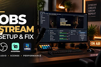 setup or fix obs studio, streamlabs and vmix for professional live streaming