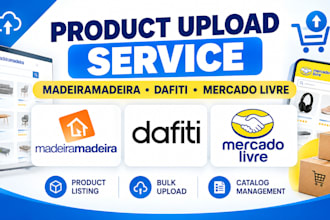 handle product upload to madeiramadeira, dafiti or mercado livre, apply seller