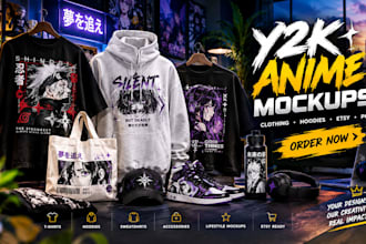create dope y2k anime merch mockup for clothing apparel hoodies etsy pod listing