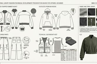design a fashion tech pack spec sheet for clothing technical flat sketch design