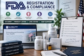 handle fda registration, compliance, US agent, product listing and label review