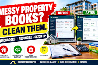 clean up property books, quickbooks, reconciliation, catchup, and reports