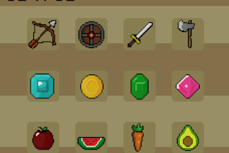 pixel art icons, items, and game objects