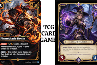 design custom card game, tcg cards, card illustrations, templates and card box