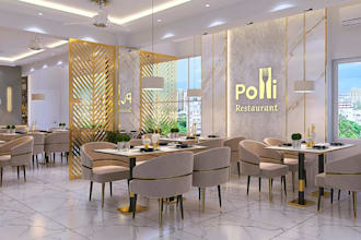 optimize small restaurant interior, cozy cafe layout render,food court inner cgi