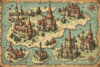 draw fantasy map illustration in vintage storybook style