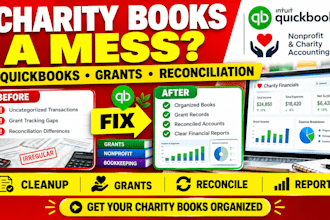 fix charity books, quickbooks, grants, cleanup, reconciliation, reports