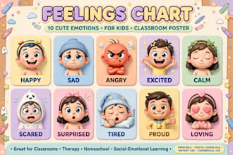 design feelings chart, emotions poster, and big feelings book cover for kids