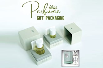 design luxury perfume logo, cosmetic, label, bag, brand box