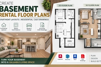 create basement rental floor plans, apartment layouts, residential cad drawings