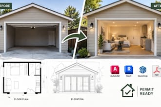 design garage conversion floor plan, layout and architectural cad drawings