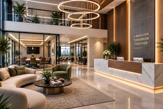 render office workspace reception lobby commercial 3d visualization