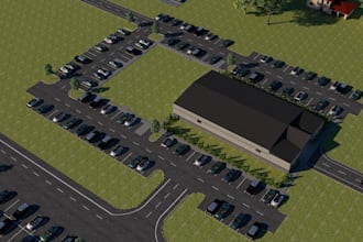 3d warehouse complex render, commercial site plan, industrial parking layout cgi