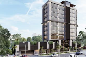 design multipurpose building facade,midrise house complex, glass exterior render