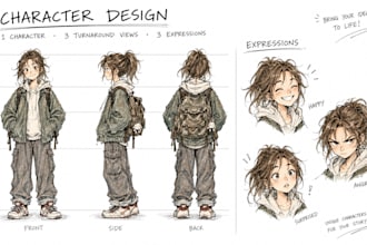 design a childrens book character turnaround pose and expression sheet