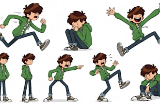 design a childrens book character turnaround pose and expression sheet