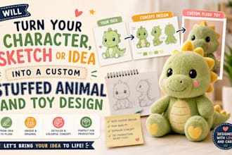 turn your character sketch or idea into a custom stuffed animal and toy design