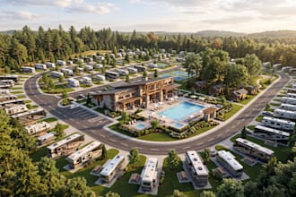 design 3d rv park, campground, caravan park and resort layout