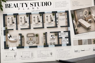 design beauty studio floor plans, treatment rooms with furniture layouts