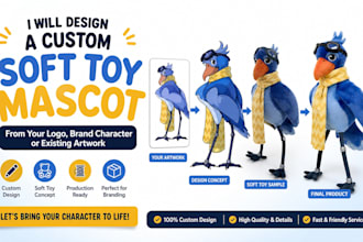 design custom soft toy mascot from your logo brand character or existing artwork
