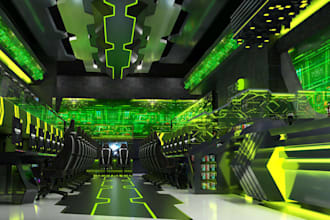 mode 3d VR gaming center design, esports arena, digital furniture, cgi render