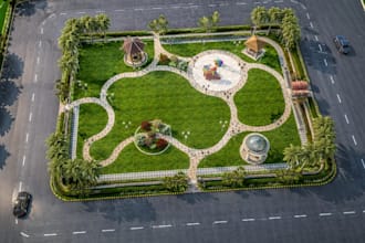 3d playground, pavilions, paved walkways, landscape, aerial, night view render