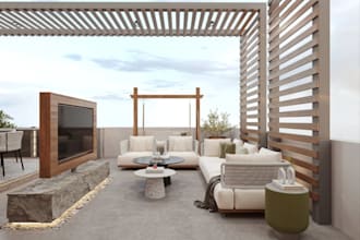 visualize penthouse rooftop landscape space, patio, terrace render,optimize pool