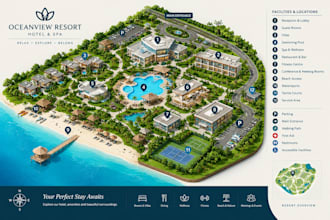 design an isometric wayfinding map for office hotel, resort, company or property