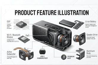 create product illustration, instruction manual, line art and technical drawings