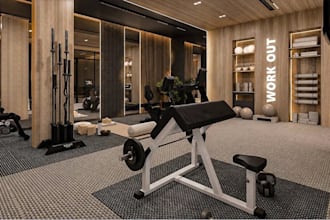 enhance 3d luxury home gym,modern gym fitness interior,private gym layout render