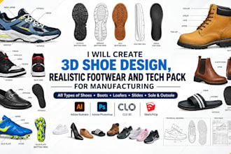 create 3d shoe design, realistic footwear  and tech pack for manufacturing