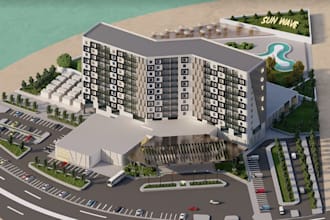 revitalize hospitality building,luxe hotel exterior render, 3d restaurant design