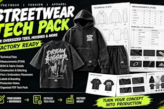 factory ready streetwear tech pack oversized tshirt hoodies for manufacturing