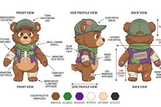 do custom plush sewing pattern stuffed animal character plushie reference sheet