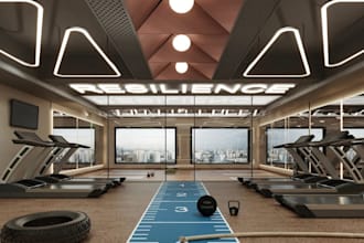 draw or modify 2d plan, commercial gym interior fit out, pilate studio 3d render