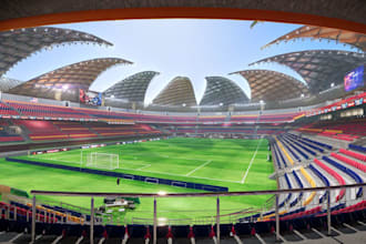 upscale 3d football stadium render,master plan,pitch turf,truss roof,parking lot