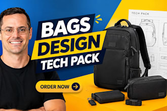 design realistic bags or backpacks tech pack and accessories  for your brand