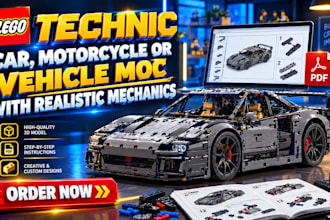 design lego technic car, motorcycle or vehicle moc with realistic mechanics