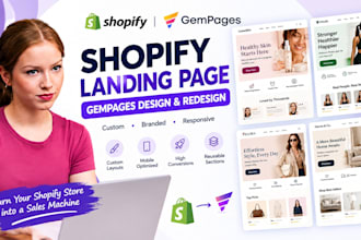 design and redesign gempage shopify landing page, gempages builder shopify store