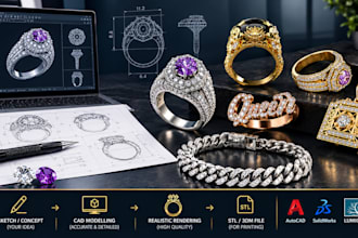 do custom 3d jewelry cad design, jewelry rendering,  jewelry design for casting