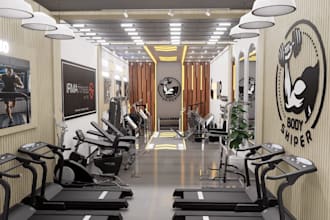 realist 3d modern gym interior,fitness center rendering,commercial workout space