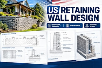 design US retaining wall structural drawings and reinforcement plans