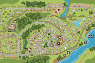 create a 3d rv park map and campground site map illustration or glamping site