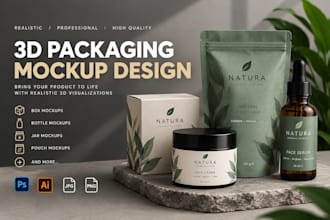 create realistic 3d product packaging mockup and product visualization