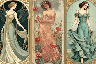 illustrate tarot, oracle card with vintage art nouveau, stained glass style