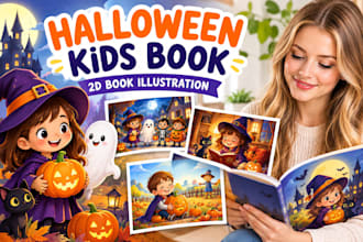 create halloween childrens book illustrations and cute 2d characters